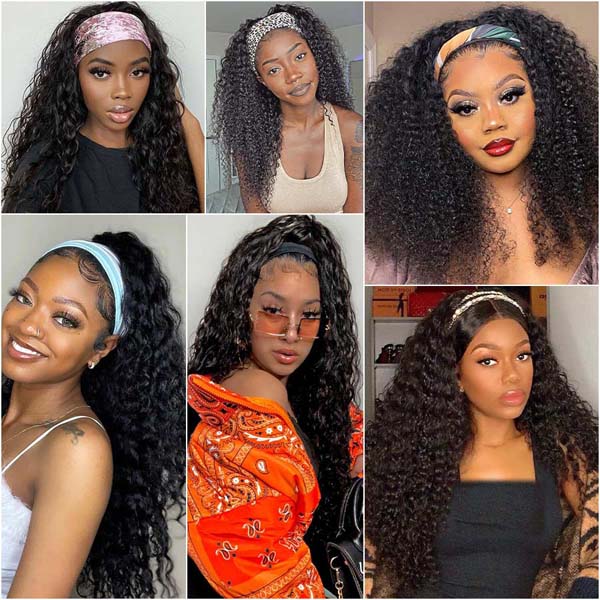 HairHive Kinky Curly Headband Wig Human Hair Scarf Wig No Gel No Glue Jerry Curl Hair Wig With Headband