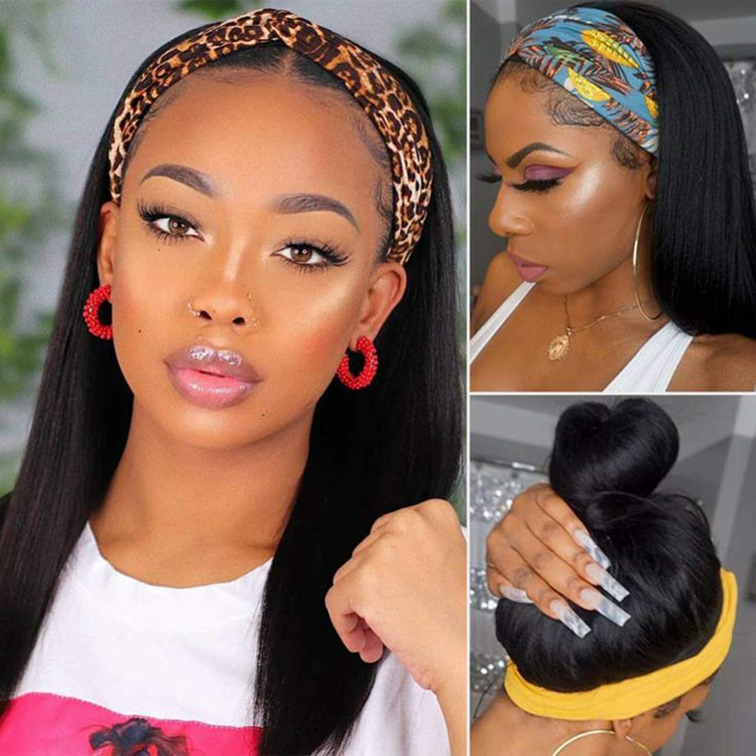 HairHive Straight Hair Headband Wig Human Hair Wigs For Women Full Machine Made Wig With Headband Scarf