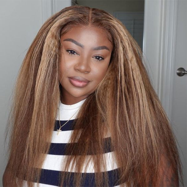 HairHive Kinky Straight Highlight Brown Color Wear Go Glueless Wigs 7x5 Lace Pre-Cut Lace Preplucked Human Hair Wigs