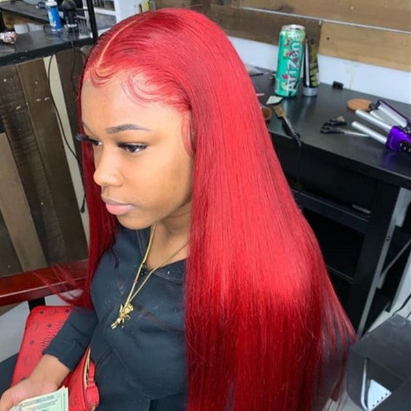 Cherry Red Color Lace Front & Closure Wig Pre-Colored Human Hair Wigs With Pre-Plucked Hairline