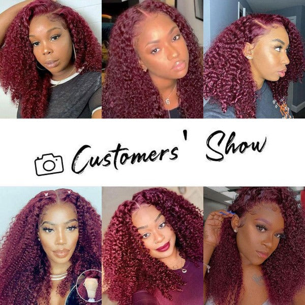 99J Burgundy Color Kinky Curly Human Virgin Hair Undectedable 13x4 4X4 Lace Front Wigs