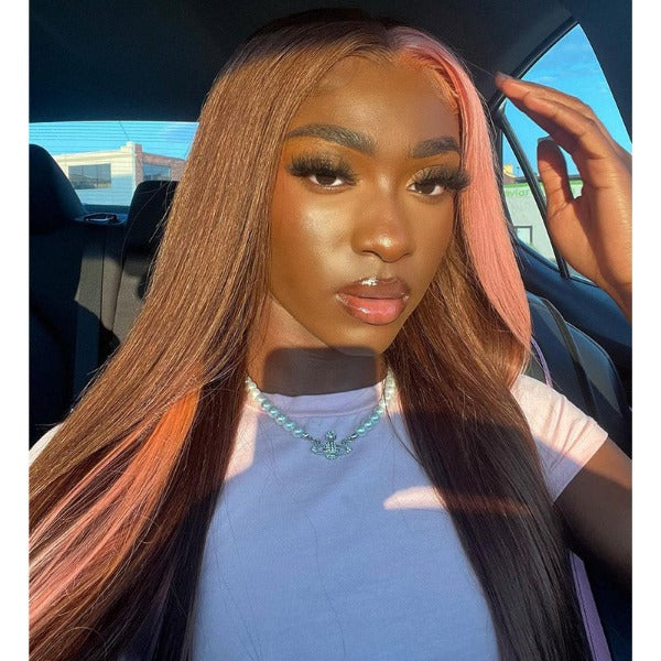 Straight Brown Hair With Light Pink Skunk Stripe Color Pre-plucked Natural Hairline 13x4 Lace Front Wig