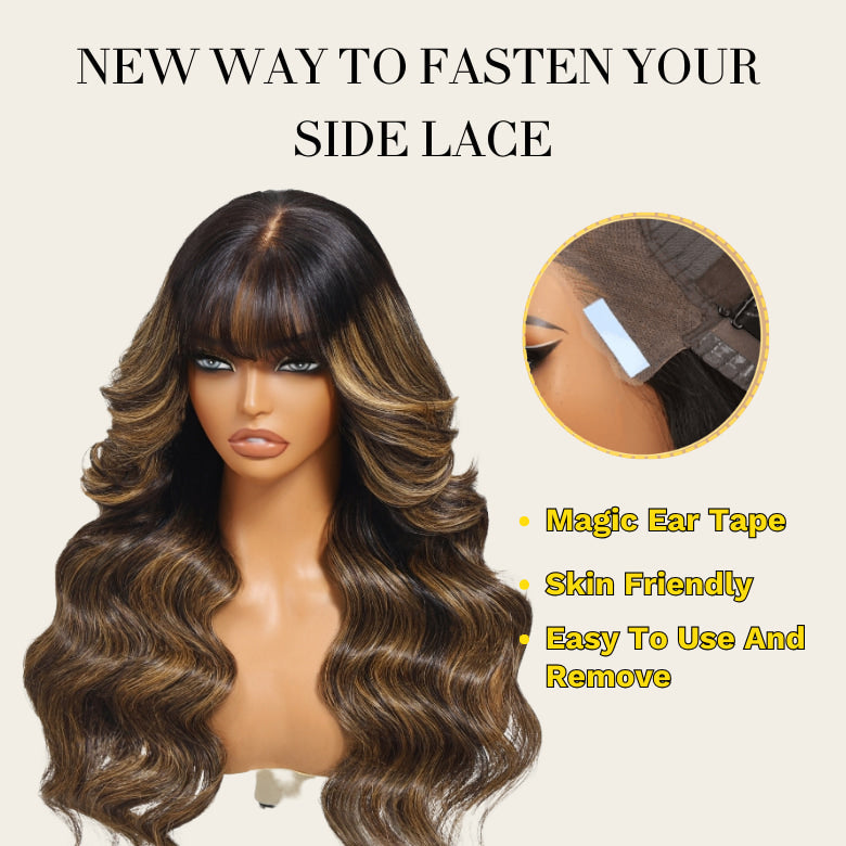 Sunber 13x4 Pre-Everything Lace Frontal Balayage Highlight Wig with Bangs Pre-everything Fluffy Natural Loose Wave  Hair Wigs with Invisi Drawstring