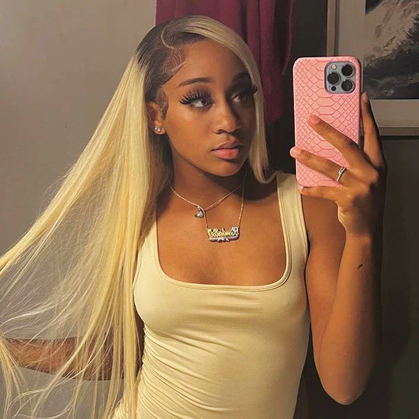 Ombre Blonde Hair With Brown Root Straight Hair #4/613 Colored 13x4 Human Hair Lace Front Wigs Pre Plucked Natural Hairline