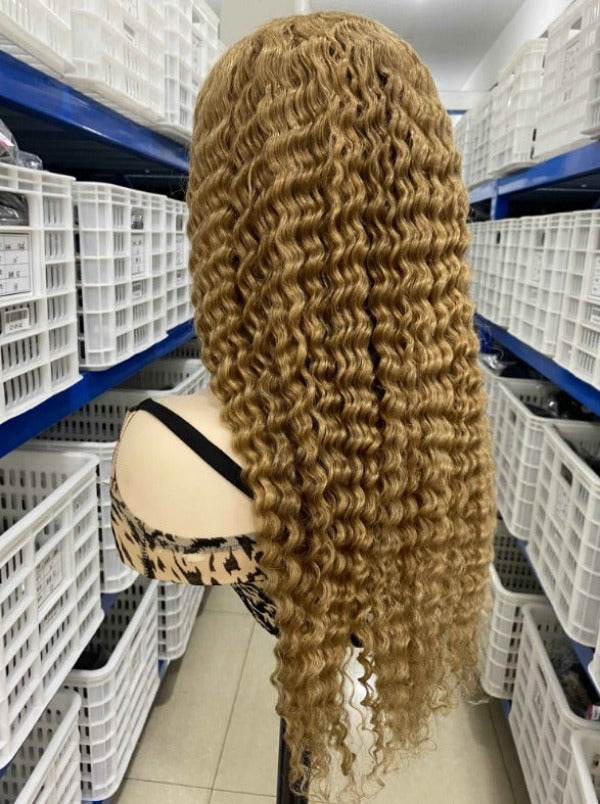 Deep Wave #27 Honey Blonde Human Hair Lace Front Wigs Deep Curly Color Hair Wigs
