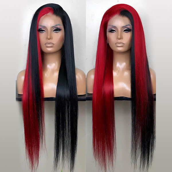 Straight Half Red and Half Black Color Wigs Preplucked Human Hair Lace Front Wigs Natural Hairline