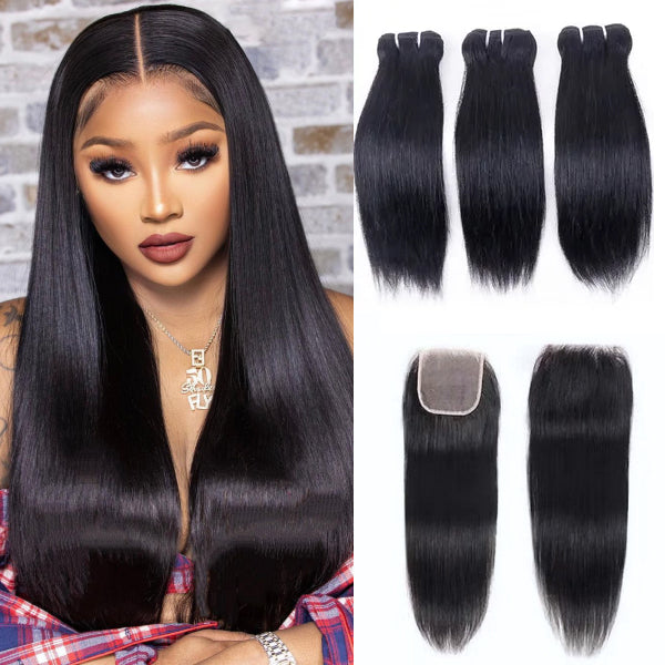 Straight Wavy Curly 3 Bundles With 4x4 Lace Closure Natural Black Virgin Human Hair