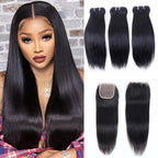 Straight Wavy Curly 3 Bundles With 4x4 Lace Closure Natural Black Virgin Human Hair
