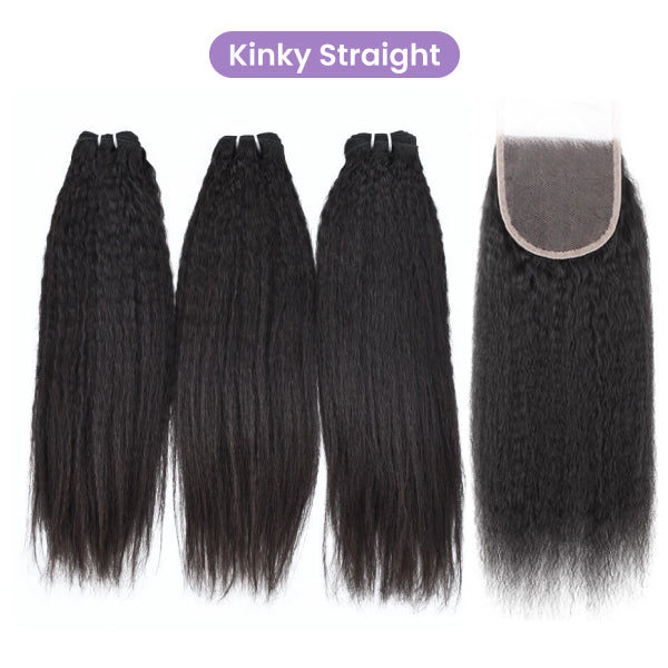 Straight Wavy Curly 3 Bundles With 4x4 Lace Closure Natural Black Virgin Human Hair