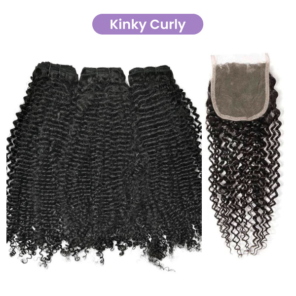 Straight Wavy Curly 3 Bundles With 4x4 Lace Closure Natural Black Virgin Human Hair