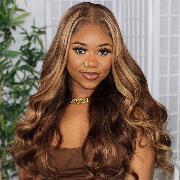 HairHive M-cap Body Wave 4/27 Highlight Color Pre Cut 9x6 Lace Wear Go Glueless Wigs Invisible Knots With Pre-Plucked Hairline