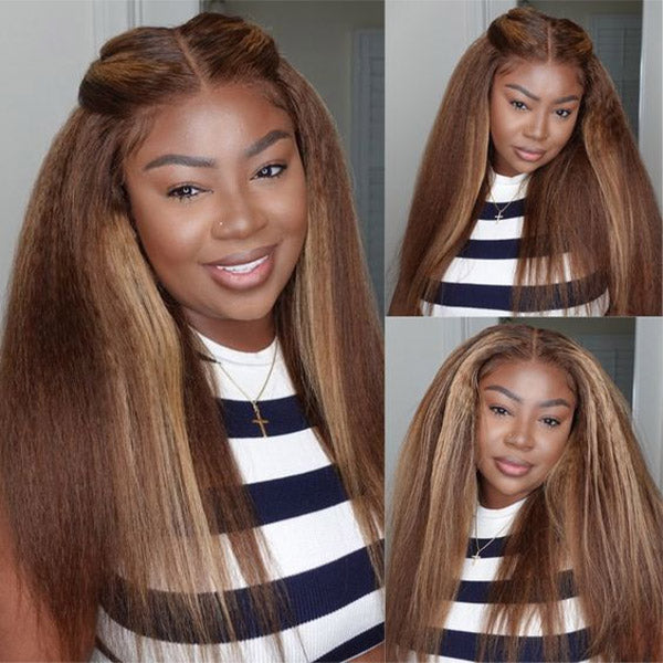 HairHive Kinky Straight Highlight Brown Color Wear Go Glueless Wigs 7x5 Lace Pre-Cut Lace Preplucked Human Hair Wigs
