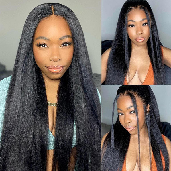 HairHive Yaki Straight Invisi-Drawstring Flexible Fit 360 Glueless Wig Pre-Cut Lace Pre Bleached Knots