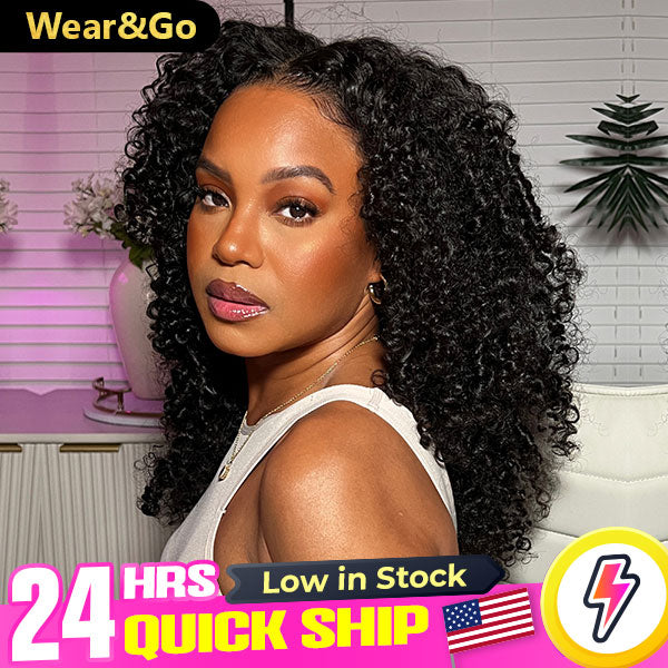 24h Shipping | Kinky Curly Wear Go Wigs 7x5 HD Lace Pre Cut Lace Closure Glueless Wigs With Bleached Knots