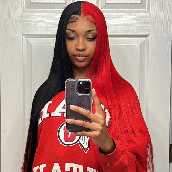 Straight Half Red and Half Black Color Wigs Preplucked Human Hair Lace Front Wigs Natural Hairline