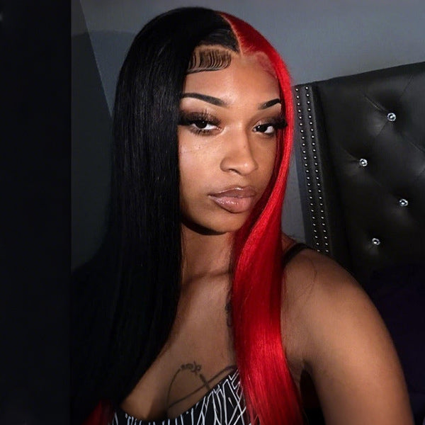 Straight Half Red and Half Black Color Wigs Preplucked Human Hair Lace Front Wigs Natural Hairline