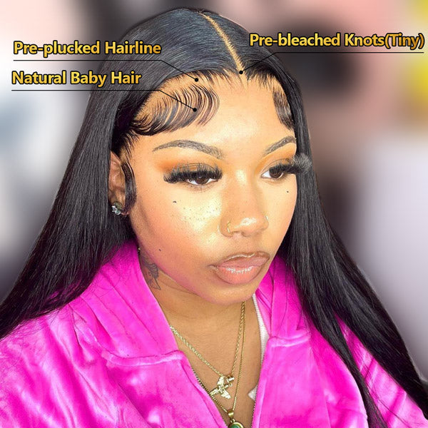 HairHive Straight Pre-Bleached Knots Elastic Drawstring Wear Go Glueless Wigs Pre Cut Lace 7x5 HD Lace Closure Wigs