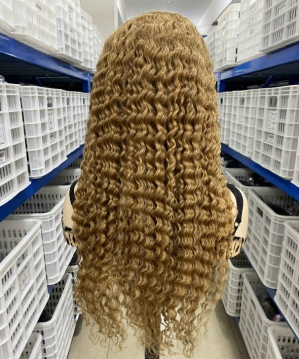 Deep Wave #27 Honey Blonde Human Hair Lace Front Wigs Deep Curly Color Hair Wigs