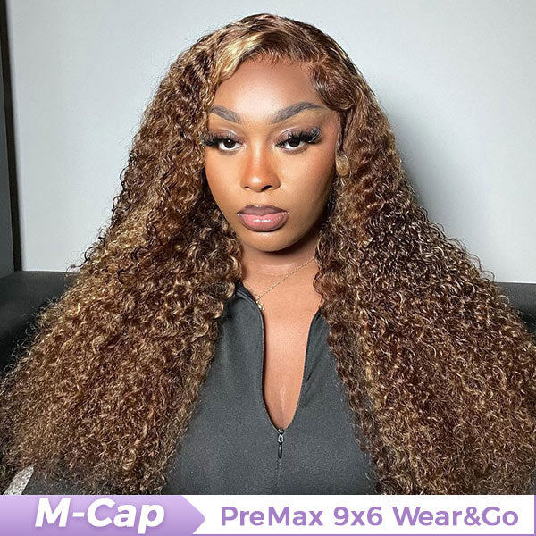 HairHive M-cap Kinky Curly 4/27 Highlight Pre Cut 9x6 Lace Wear Go Glueless Wigs Invisible Knots Human Hair Wig