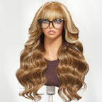Sunber 13x4 Pre-evertyhing Frontal Wig Blonde Highlight Loose Wave Human Hair Wig with Curtain Bangs