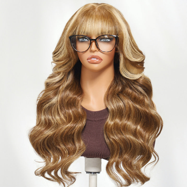 Sunber 13x4 Pre-evertyhing Frontal Wig Blonde Highlight Loose Wave Human Hair Wig with Curtain Bangs