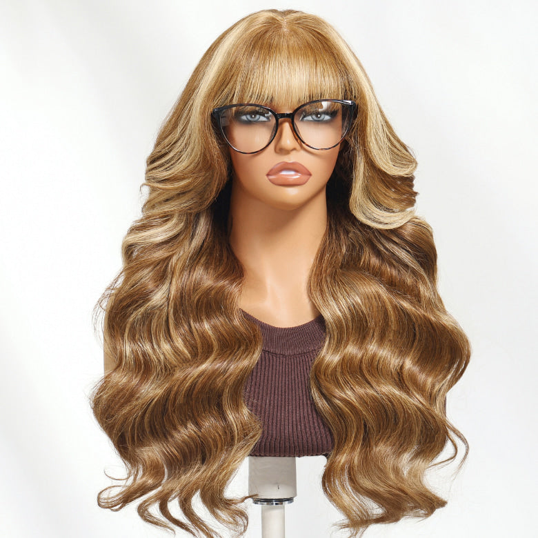 Sunber 13x4 Pre-evertyhing Frontal Wig Blonde Highlight Loose Wave Human Hair Wig with Curtain Bangs
