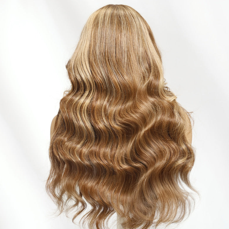 Sunber 13x4 Pre-evertyhing Frontal Wig Blonde Highlight Loose Wave Human Hair Wig with Curtain Bangs