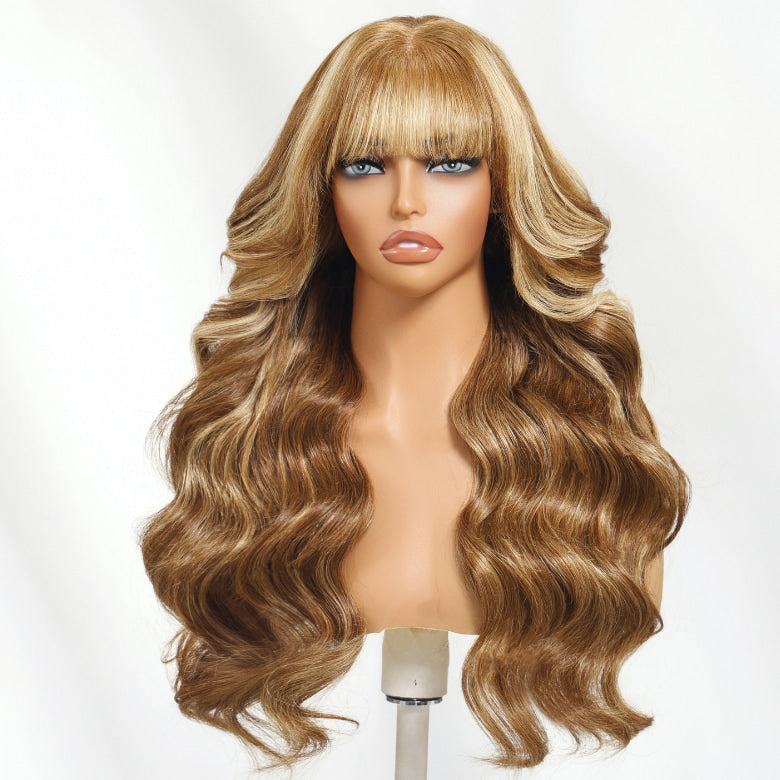 Sunber 13x4 Pre-evertyhing Frontal Wig Blonde Highlight Loose Wave Human Hair Wig with Curtain Bangs