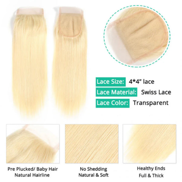 Straight 613 Blonde Color Bundles with 4x4 Lace Closure Human Virgin Hair