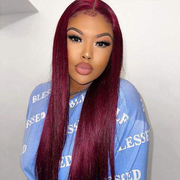 Pre-cut Lace Wig Straight Hair 99J Burgundy Color Wear Go Glueless Wig 7x5 Lace Wig Preplucked with Natural Hairline
