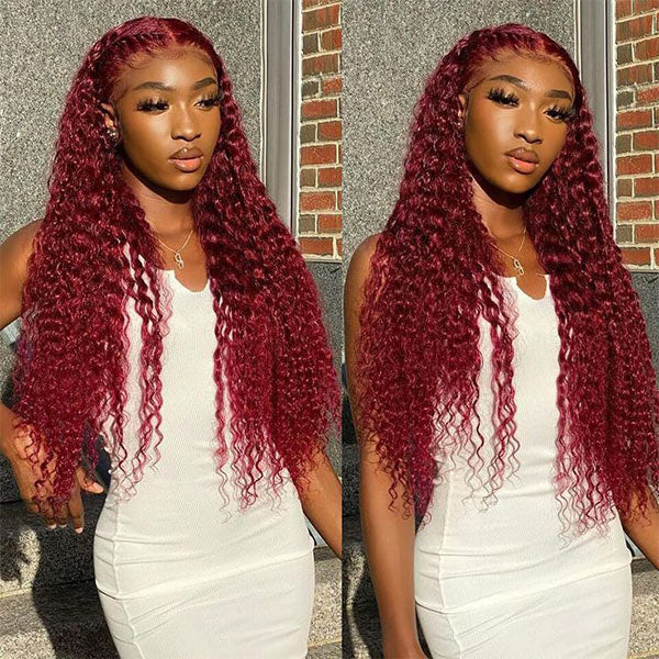 Glueless Color Wigs Deep Wave 99J Burgundy Color Wear Go Glueless Wig Pre-cut Lace Wig Preplucked 7x5 HD Lace Wig