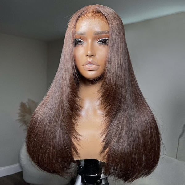 HairHive Straight Chocolate Brown Color Layered Cut Wear Go Glueless Wig