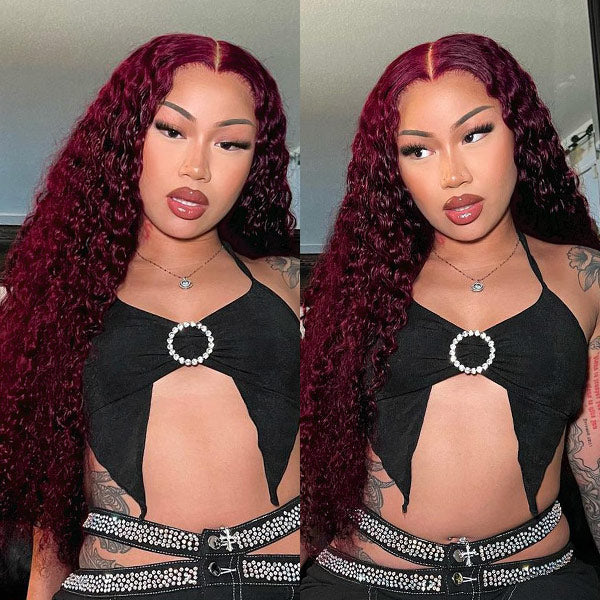 Glueless Color Wigs Deep Wave 99J Burgundy Color Wear Go Glueless Wig Pre-cut Lace Wig Preplucked 7x5 HD Lace Wig