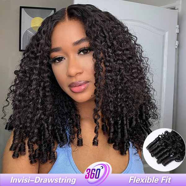 HairHive Burmese Curly Invisi-Drawstring Pre-Cut Lace 360 Glueless Wig With Bleached Knots Snug Fit Wear Go Wig