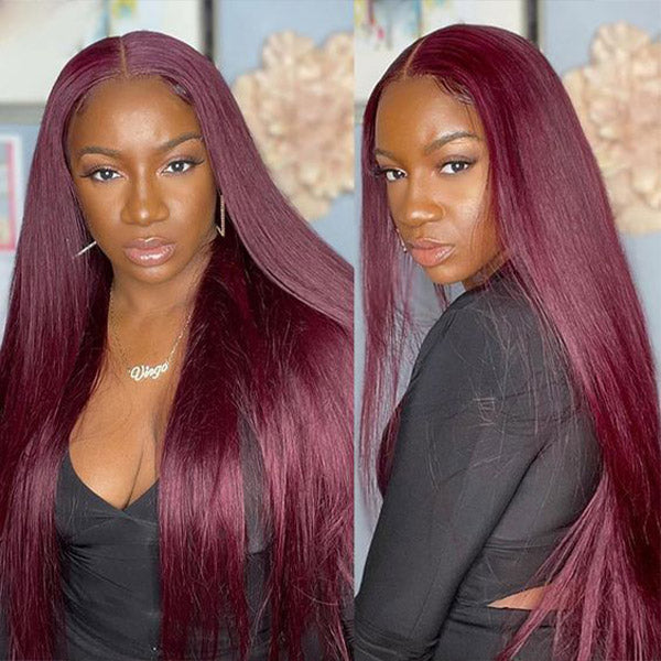Pre-cut Lace Wig Straight Hair 99J Burgundy Color Wear Go Glueless Wig 7x5 Lace Wig Preplucked with Natural Hairline