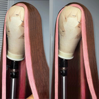 Straight Brown Hair With Light Pink Skunk Stripe Color Pre-plucked Natural Hairline 13x4 Lace Front Wig