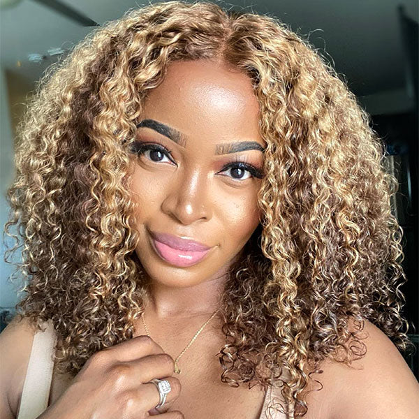 HairHive 4/27 Highlight Color Wear Go Glueless Wigs Pre Cut 7x5 HD Lace Kinky Curly Hair Short Bob Wigs