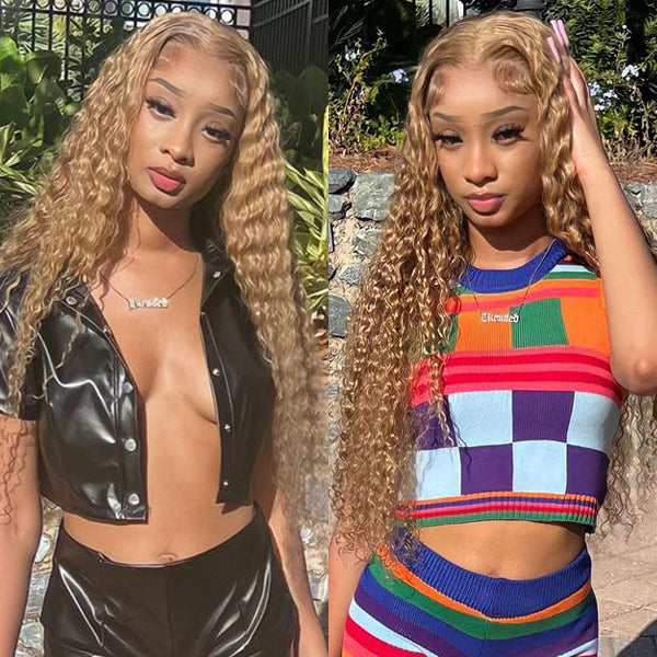 Deep Wave #27 Honey Blonde Human Hair Lace Front Wigs Deep Curly Color Hair Wigs