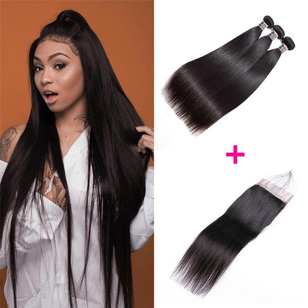 Straight Hair Virgin Human Hair 3 Bundles With 4x4 Lace Closure