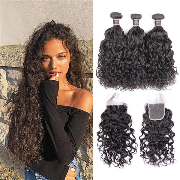 Natural Wave Virgin Human Hair 3 Bundles With 4x4 Lace Closure
