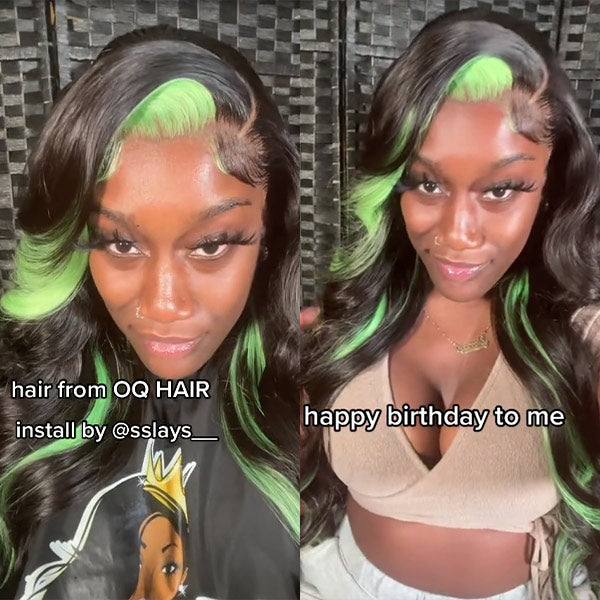 Skunk Stripe Green/ Red & Black Color Body Wave 13x4 Lace Frontal Wigs For Women