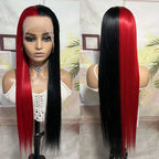 Straight Half Red and Half Black Color Wigs Preplucked Human Hair Lace Front Wigs Natural Hairline