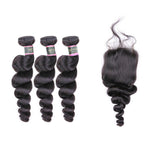 Loose Wave Virgin Human Hair 3 Bundles With 4x4 Lace Closure