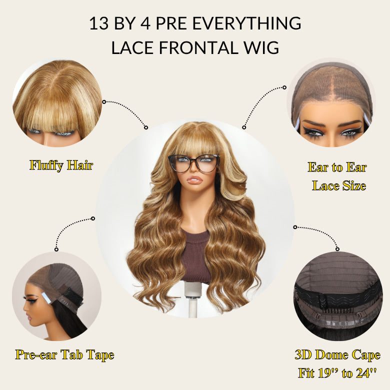 Sunber 13x4 Pre-evertyhing Frontal Wig Blonde Highlight Loose Wave Human Hair Wig with Curtain Bangs
