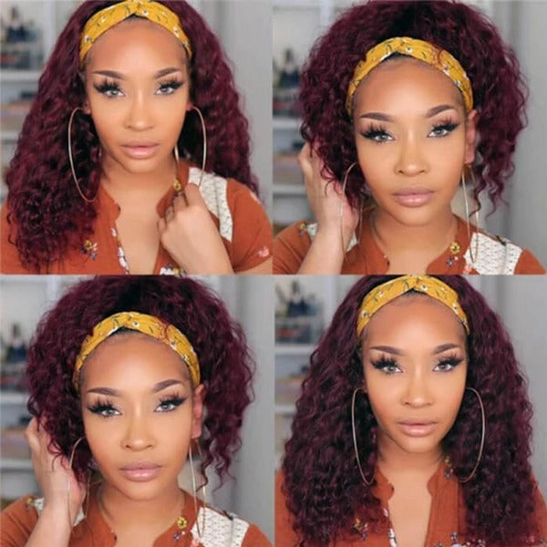 HairHive 99J Curly Headband Wig Human Hair No Gel No Glue Water Wave Wig with Free Headband 180% Density