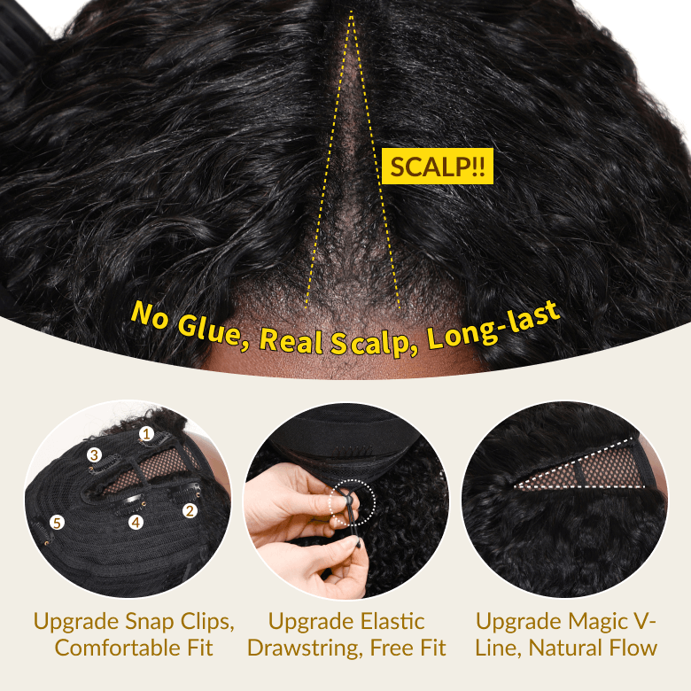 Sunber 180% Density Afro/ Kinky Curly Upgrade New V Part With No Lace No Glue Affordable Wig