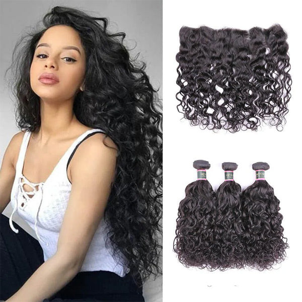 Natural Wave Human Hair 3 Bundles with 13*4 Lace Frontal Natural Black