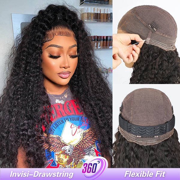 HairHive Kinky Curly Invisi-Drawstring Pre-Cut 360 Lace Glueless Wig With Bleached Knots Pre-Plucked Hairline