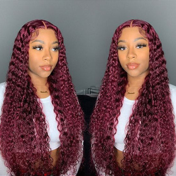 Glueless Color Wigs Deep Wave 99J Burgundy Color Wear Go Glueless Wig Pre-cut Lace Wig Preplucked 7x5 HD Lace Wig