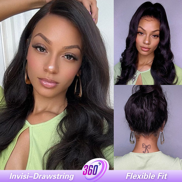 HairHive Body Wave Invisi Drawstring 360 Glueless Wig Flexible Fit Bleached Knots Wig Pre-Cut Lace